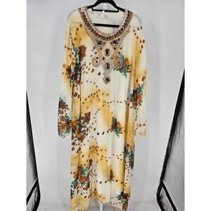 Womens Sz XL Maxi Length Indian Style Gorgeous Dress Floral Beaded Neckline